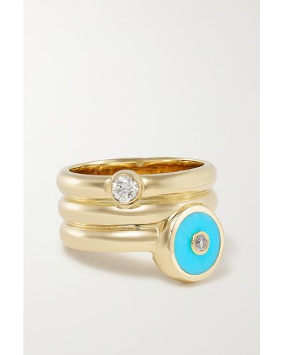 Retrouvai Triple Coil Mini Compass 14-karat Gold, Turquoise And Diamond Ring - Blue