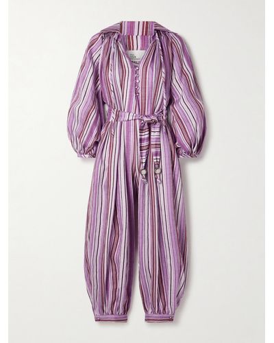 Lisa Marie Fernandez + Net Sustain Poet Belted Cropped Striped Linen-blend Jumpsuit - Purple