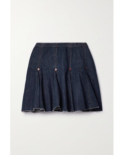 RE/DONE Flounce Pleated Frayed Denim Mini Skirt - Blue
