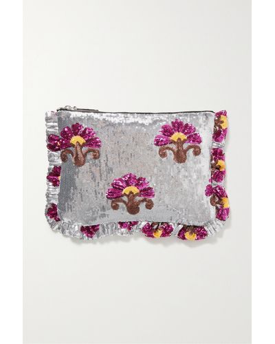 La DoubleJ Ruffled Sequined Tulle Clutch - Metallic