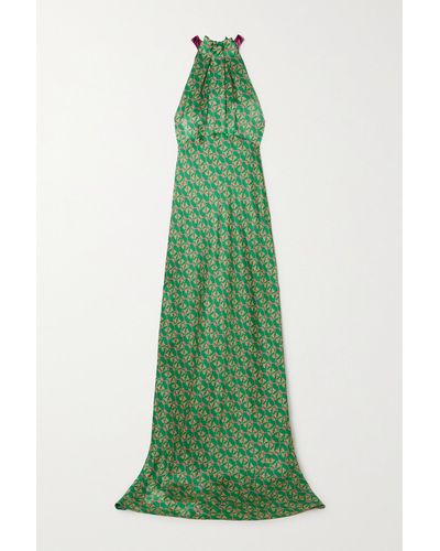 Saloni Michelle Velvet-trimmed Floral-print Hammered Silk-satin Maxi Dress - Green
