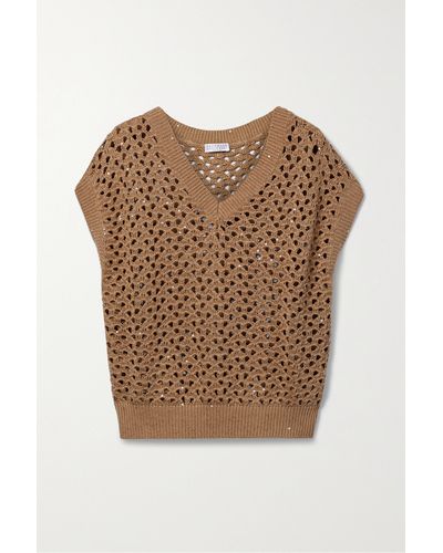 Brunello Cucinelli Dazzling Net Embellished Open-knit Cotton, Linen And Silk-blend Vest - Brown