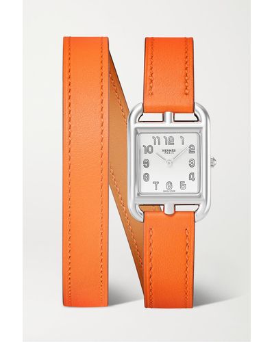 Hermès Cape Cod 31 Mm Kleine Uhr Aus Edelstahl Mit Lederarmband - Orange