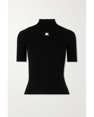 Courreges Embroidered Ribbed-knit Top - Black