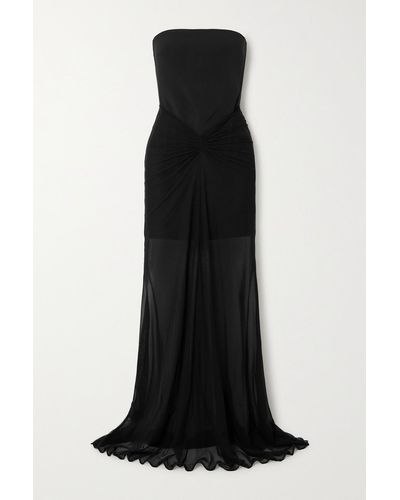 David Koma Strapless Ruched Cady And Mesh Gown - Black