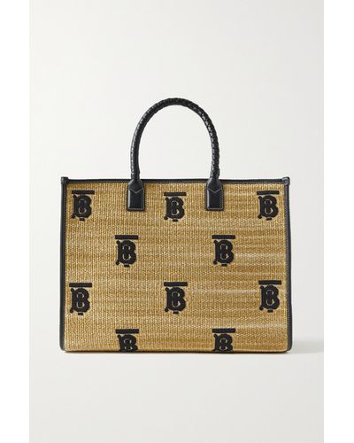 Burberry Freya Medium Leather-trimmed Embroidered Raffia Tote - Natural