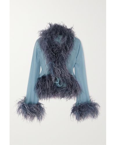 Oséree Plumage Feather-trimmed Glittered Chiffon Blouse - Blue