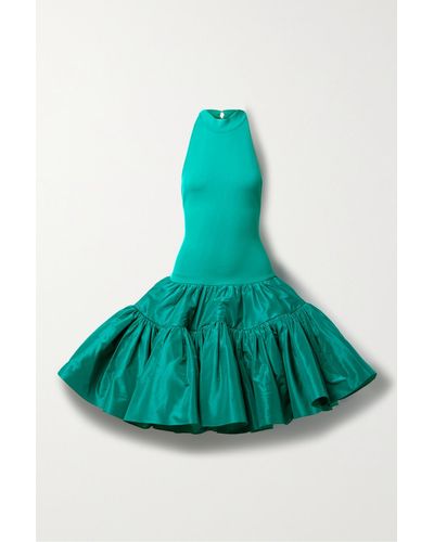 Oscar de la Renta Tiered Stretch-knit And Silk-taffeta Halterneck Mini Dress - Blue