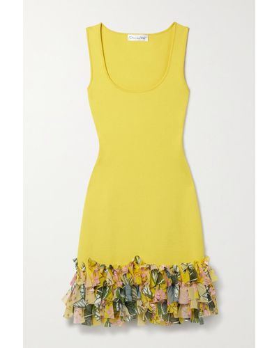 Oscar de la Renta Ruffled Chiffon-trimmed Stretch-knit Mini Dress - Yellow