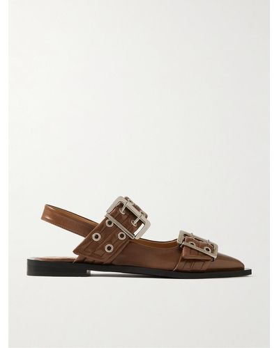 Ganni + Net Sustain Buckled Eyelet-embellished Recycled Faux Patent-leather Ballet Flats - Brown