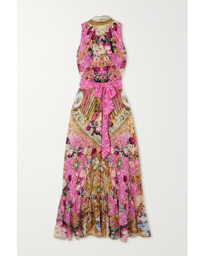 Camilla Tie-detailed Crystal-embellished Printed Silk-crepe Maxi Dress - Pink