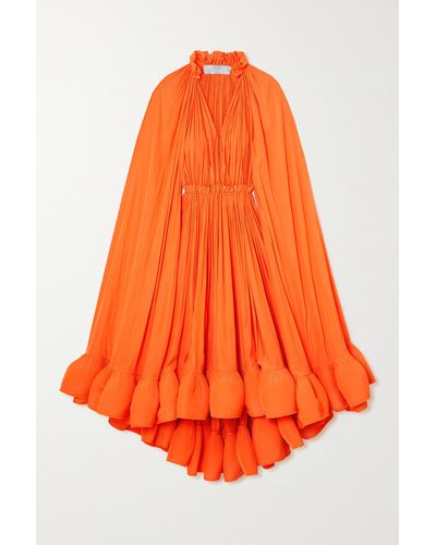 Lanvin Cape-effect Tie-detailed Ruffled Charmeuse Dress - Orange