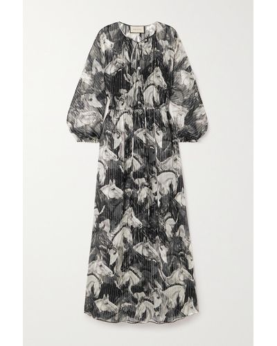 Gucci Embellished Printed Drawstring Metallic Crepe Maxi Dress - Grey