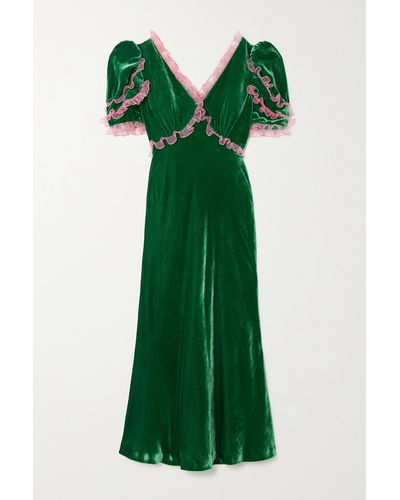 Saloni Anais Ruffled Tulle-trimmed Velvet Midi Dress - Green
