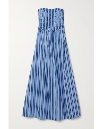 Faithfull The Brand + Net Sustain Dominquez Shirred Striped Organic Cotton-poplin Midi Dress - Blue