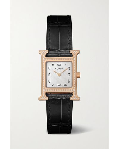 Hermès Heure H 25 Mm Kleine Uhr Aus 18 Karat Roségold Mit Diamanten, Perlmutt Und Alligatorlederarmband - Schwarz