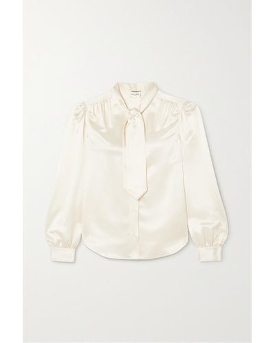 Saint Laurent Cropped Pussy-bow Silk-charmeuse Blouse - Natural