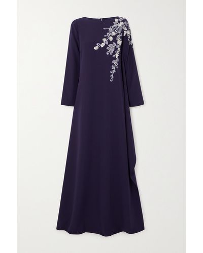 Marchesa notte Draped Bead-embellished Embroidered Stretch-crepe Gown - Blue