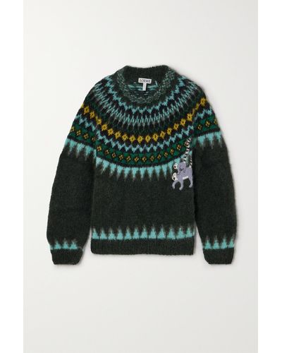 Loewe + Suna Fujita Pullover Aus Einer Mohairmischung Mit Fair-isle-muster Und Stickereien - Grün