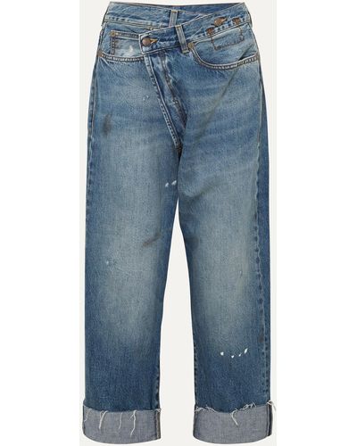 R13 Crossover Asymmetric Distressed High-rise Wide-leg Jeans - Blue