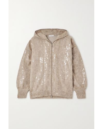 Brunello Cucinelli Sequin-embellished Brushed Knitted Hoodie - Natural