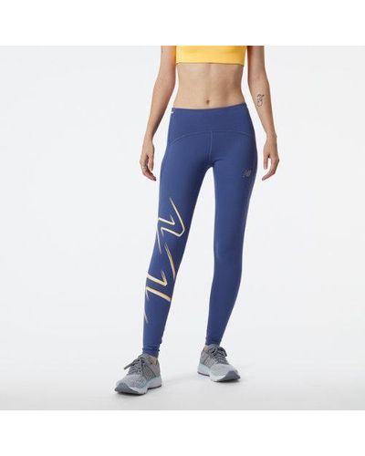 New Balance Femme Leggings Graphic Impact Run En, Poly Knit, Taille - Bleu