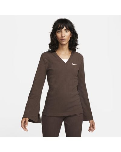 Nike Sportswear Ribbed Jersey Long-sleeve V-neck Top - Brown