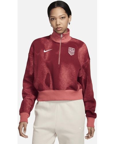 Nike Usmnt Phoenix Fleece Soccer Oversized 1/2-zip Crop Sweatshirt - Red
