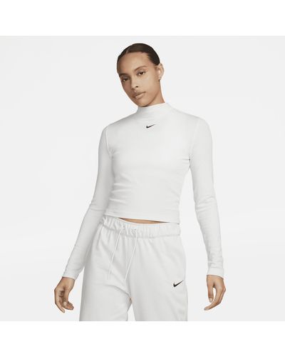 Nike Sportswear Essential Ribbed Mock-neck Long-sleeve Top In Gray, - White