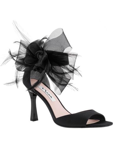 Nina Dora-black Satin Bow, Feather And Flower High-heel Dressy Sandal