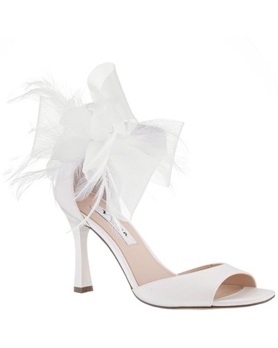 Nina Dora-ivory Satin Bow, Feather And Flower High-heel Dressy Sandal - White