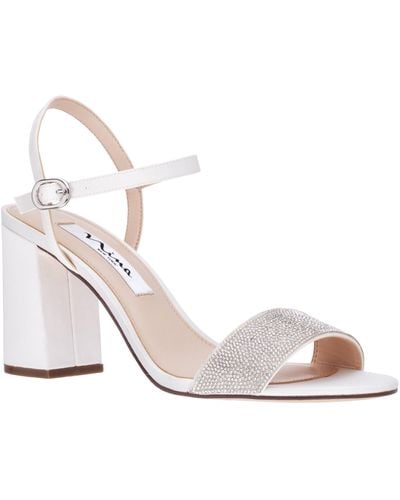 Nina Haven-ivory Satin Crystal Ankle Strap Mid Block-heel Evening Sandal - White
