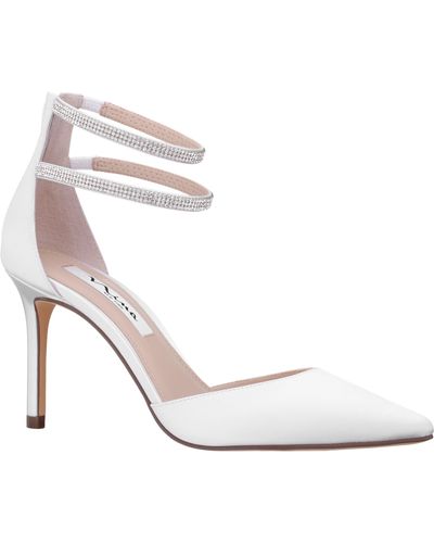 Nina Nikia-womens White Satin Crystal Ankle-strap Pointy-toe High-heel Dressy Pump - Metallic