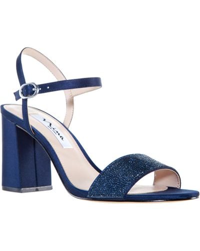 Nina Haven-new Navy Satin Crystal Ankle Strap Mid Block-heel Evening Sandal - Blue
