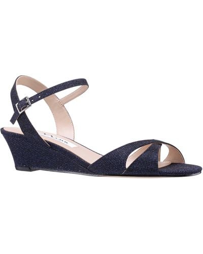 Nina Flora-women's Navy Textured Metallic Mid-heel Wedge Sandal - Blue