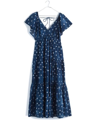 Madewell Shibori Tie Back Tiered Cotton Midi Dress - Blue