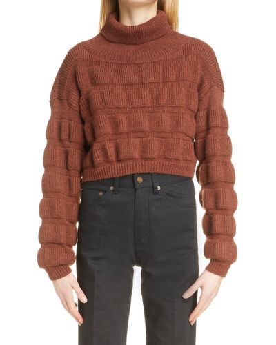 Saint Laurent Stripe Crop Alpaca & Wool Turtleneck Sweater - Brown