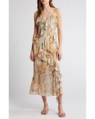 Moon River Marble Print Ruffle Midi Dress - Natural