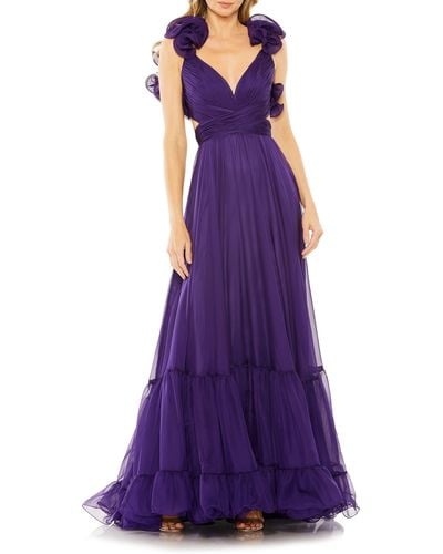 Mac Duggal Rosette Chiffon Cutout Empire Waist Gown - Purple