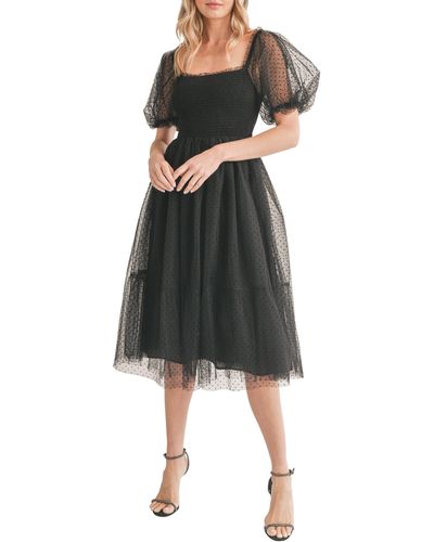 All In Favor Swiss Dot Puff Sleeve Smocked Bodice Midi Dress In At Nordstrom, Size Large - Black