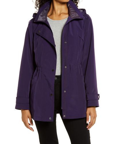 Gallery Cinched Waist Hooded Water Resistant Raincoat - Purple