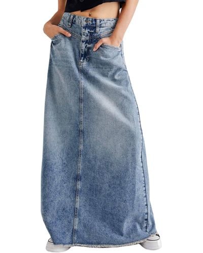 Free People Come As You Are Fray Hem Denim Maxi Skirt - Blue