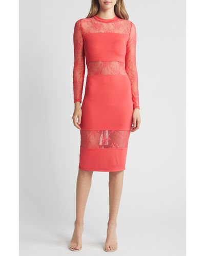 Bebe Lace Inset Long Sleeve Midi Dress - Red