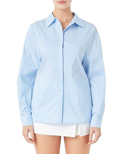 Endless Rose Elastic Back Detail Cotton Blend Button-up Shirt - Blue