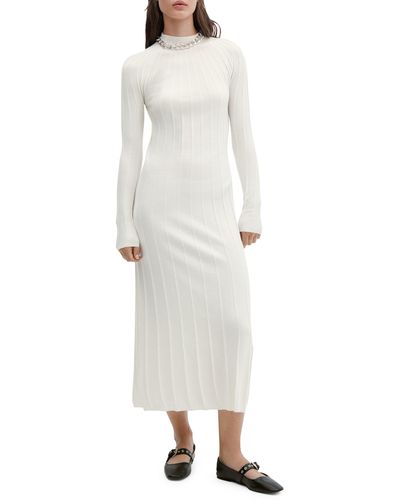 Mango Long Sleeve Funnel Neck Rib Sweater Dress - White