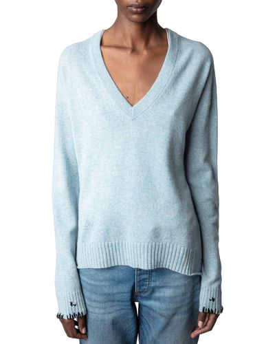 Zadig & Voltaire Vivi Star Patch V-neck Cashmere Sweater - Blue