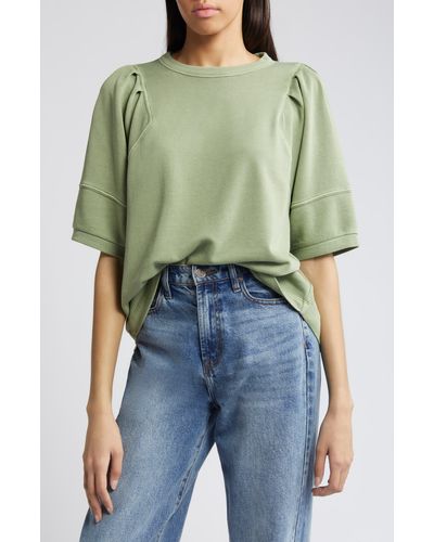 Treasure & Bond Pleated Puff Sleeve Cotton Blend Sweatshirt - Green