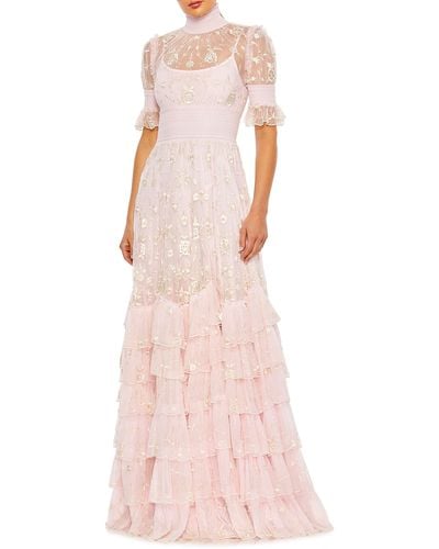 Mac Duggal Floral Embroidered Tiered Ruffle Gown - Pink