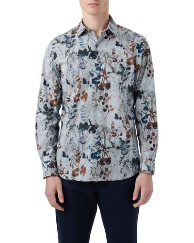 Bugatchi Julian Leaf Print Stretch Cotton Button-up Shirt - Blue