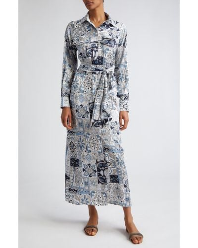 Eleventy Paisley Patchwork Print Long Sleeve Silk Shirtdress - Blue
